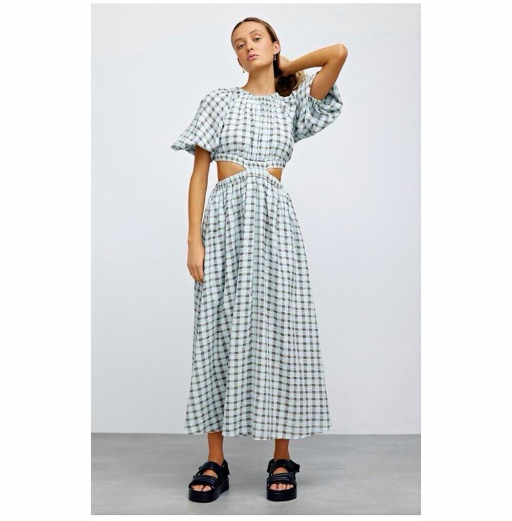 Significant Other Green White Gingham Cutout Tie Back Midi Dress Women’s Sz 4